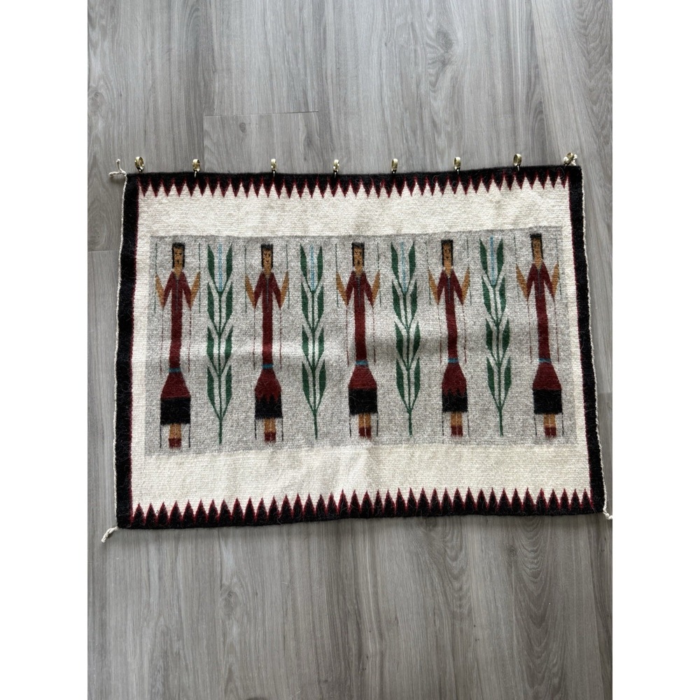 Vintage NAVAJO RUG Textile YEI Wall Hanging Figure Cornstalk Wool Rug 37.5x27.5"